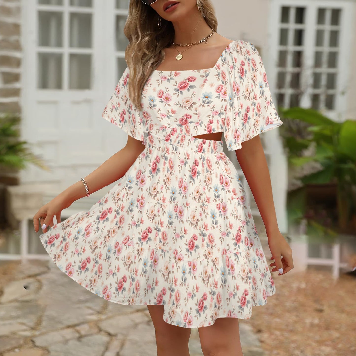 Floral tiered ruffle mini dress movement front angle