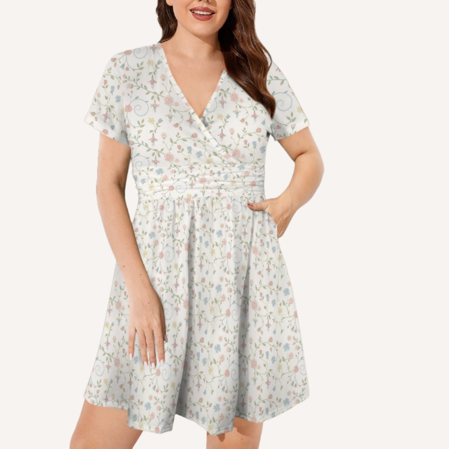 Floral wrap fit and flare mini dress front view