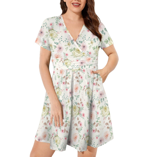 Floral wrap midi dress with structured waistband and short sleeves, front angled view
