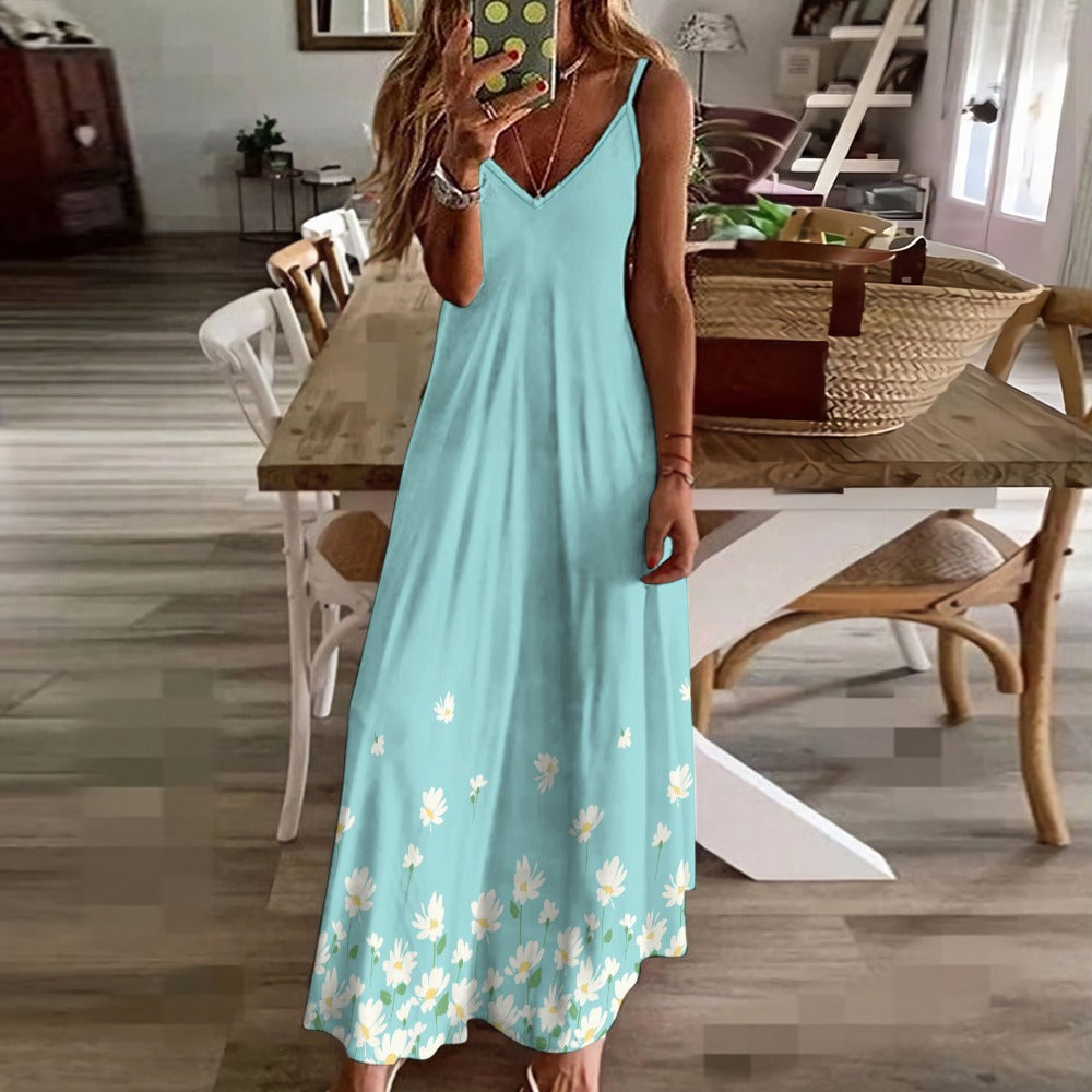 Flowy blue slip dress worn indoors showing relaxed silhouette