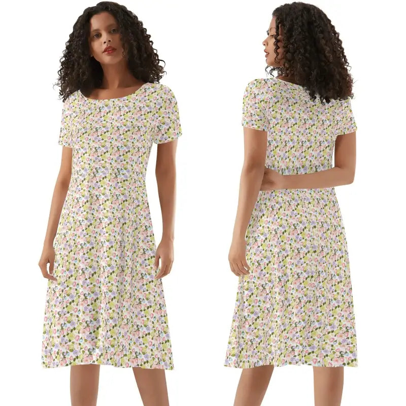 Front and back view of size inclusive floral midi dress with balanced silhouette