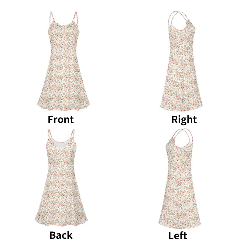 Front, back, and side views of women’s floral spaghetti strap A-line mini sundress XS-5XL