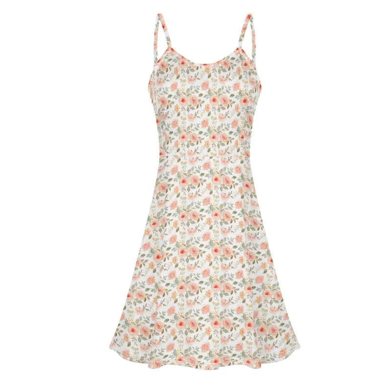 Front flat lay of pastel floral spaghetti strap summer dress with lightweight flowy fabric