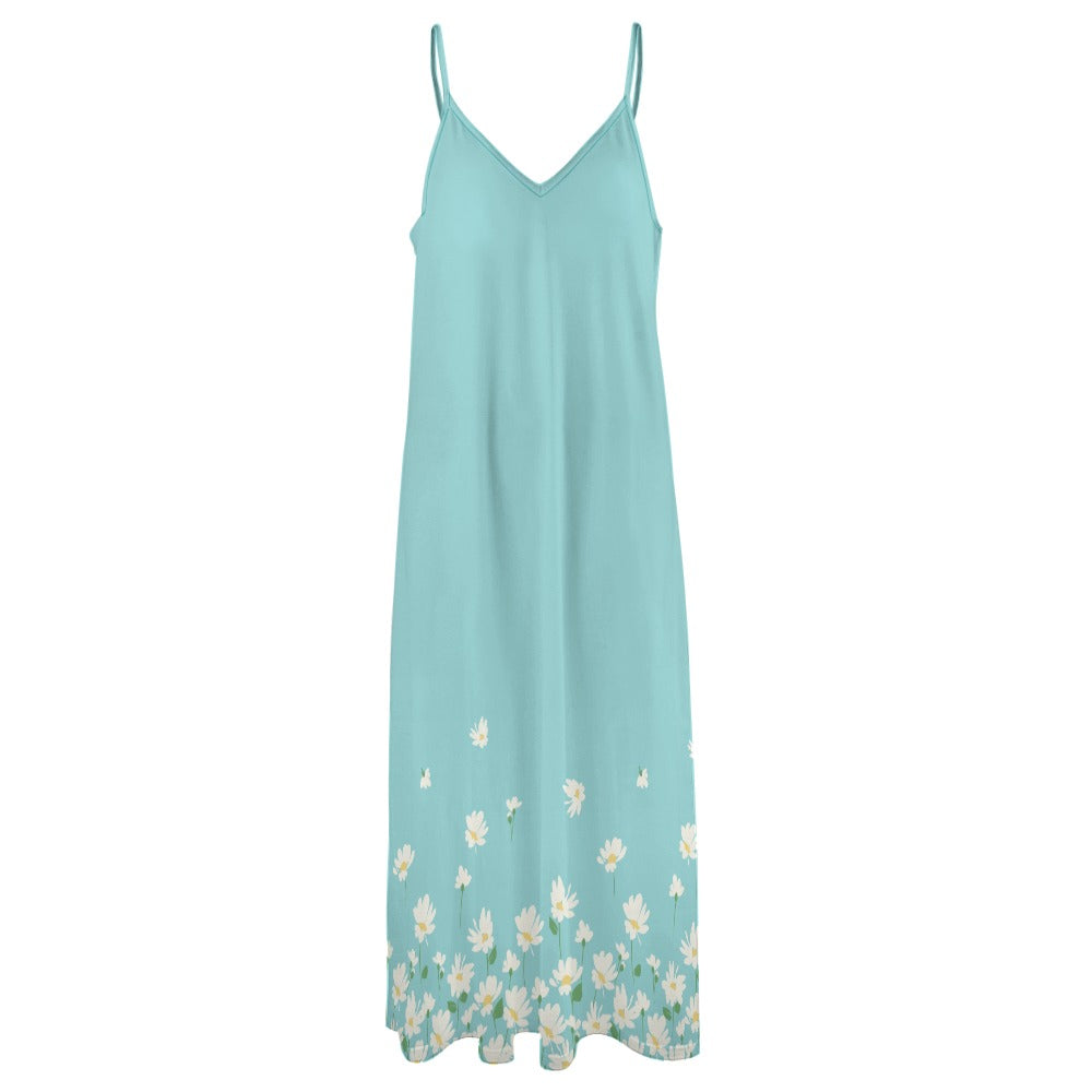 Front product image of blue floral maxi dress minimal design