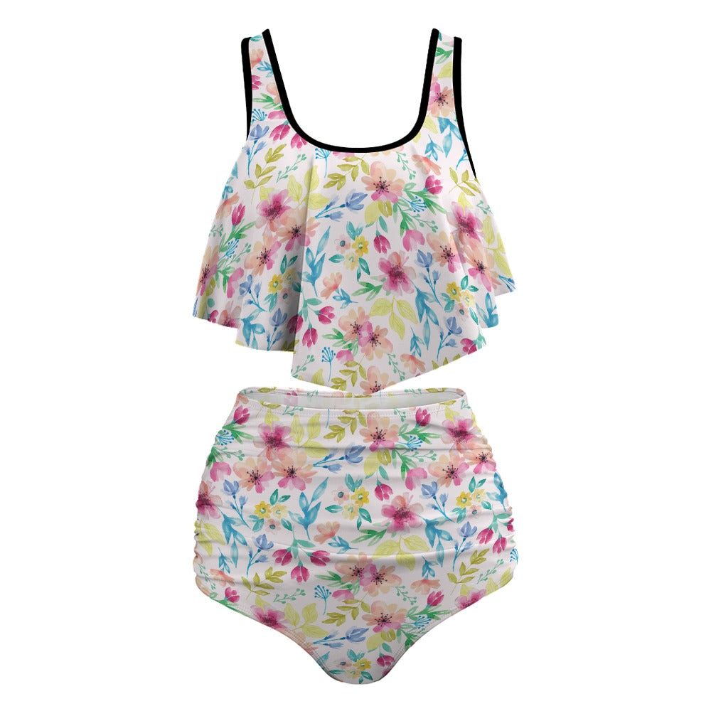 Front view of plus size floral ruffle bikini with high-waist bottoms