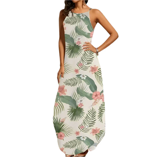 Front view tropical botanical high neck maxi dress with palm and blush floral print