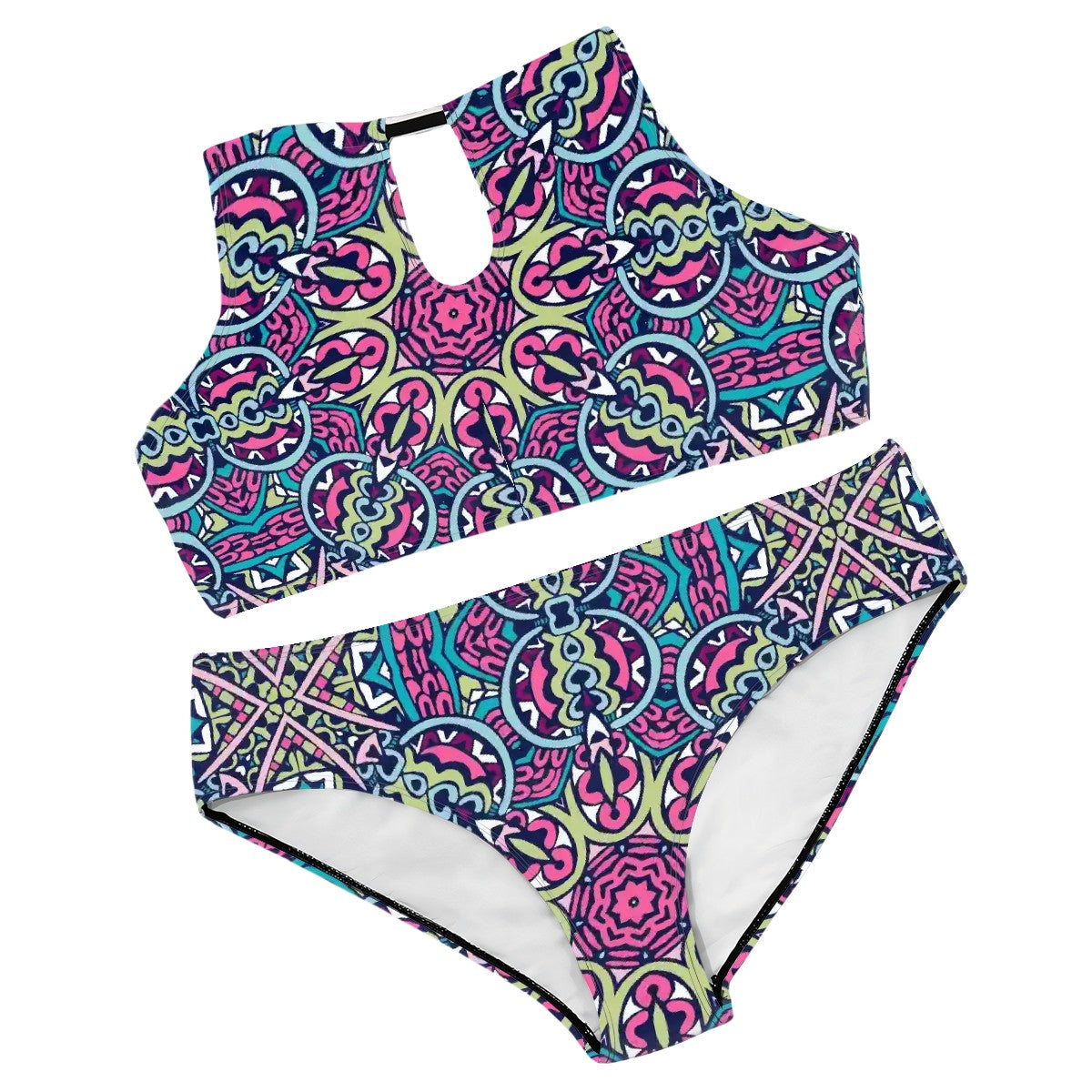 High-waisted plus size bikini bottoms with bold geometric pattern