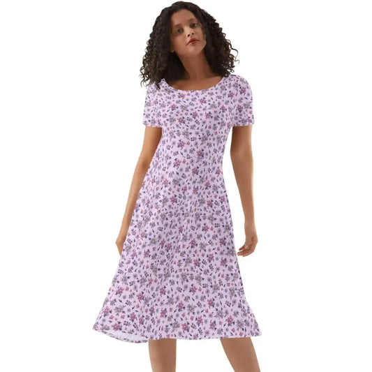 Lavender floral A-line midi dress front view with scoop neckline