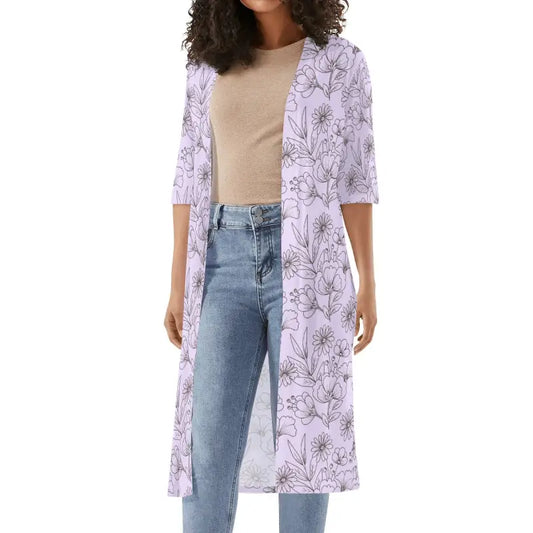 Lavender floral longline open front kimono with three quarter sleeves