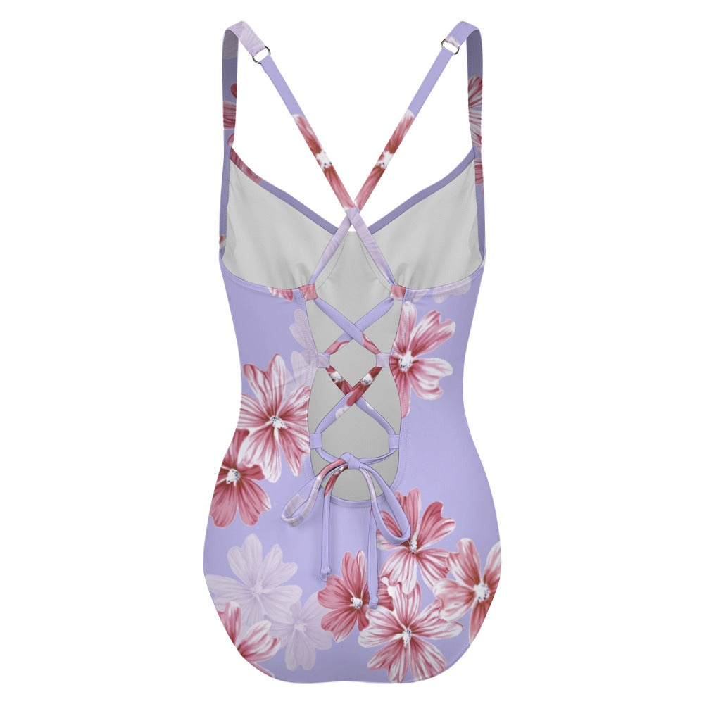 Lavender floral one-piece swimsuit back view with adjustable lace-up cross-back design