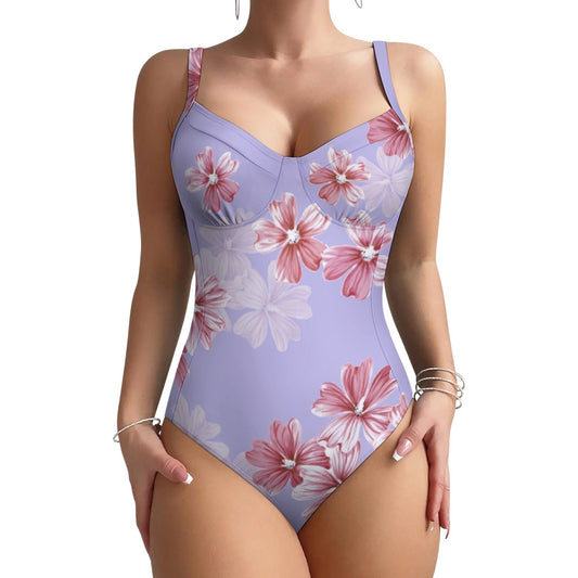 Lavender floral one-piece swimsuit front view showing flattering V-neck and floral print