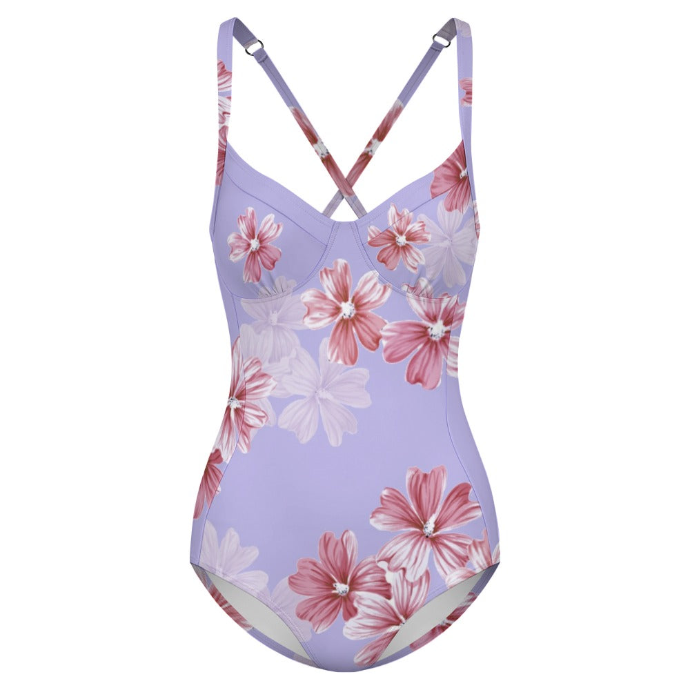 Lavender floral one-piece swimsuit with crisscross lace-up back straps