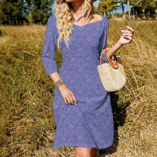 Lavender floral square neck midi dress for women with three quarter sleeves and A line silhouette