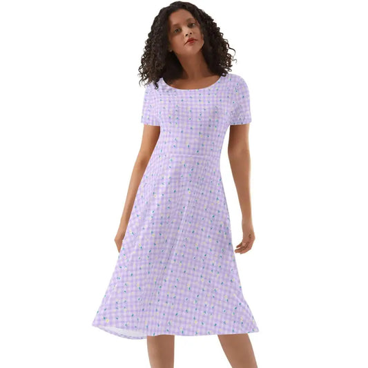 Lavender gingham floral A-line midi dress front view with scoop neckline
