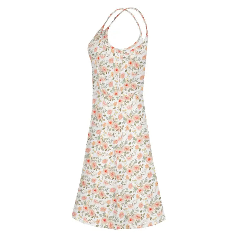 Left side view of women’s pastel floral summer dress with soft drape silhouette