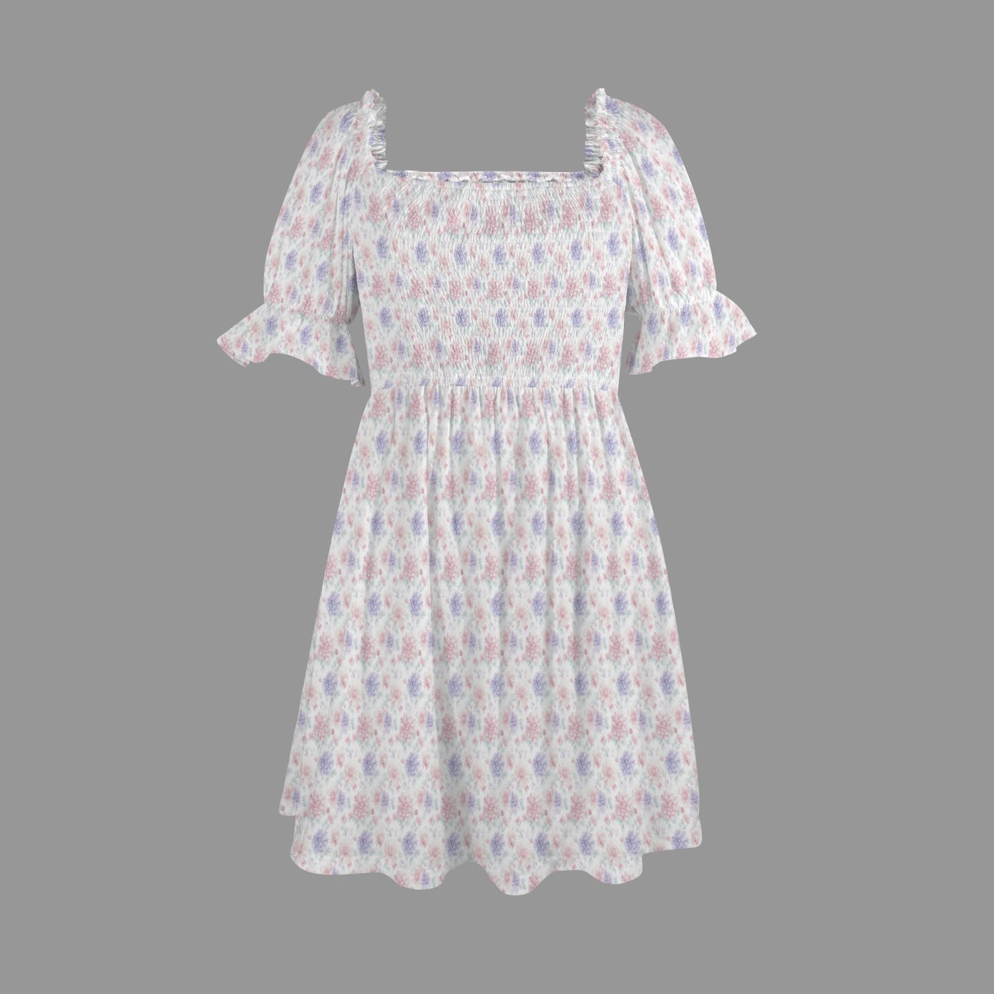 Lightweight cottagecore floral mini dress with soft pastel print