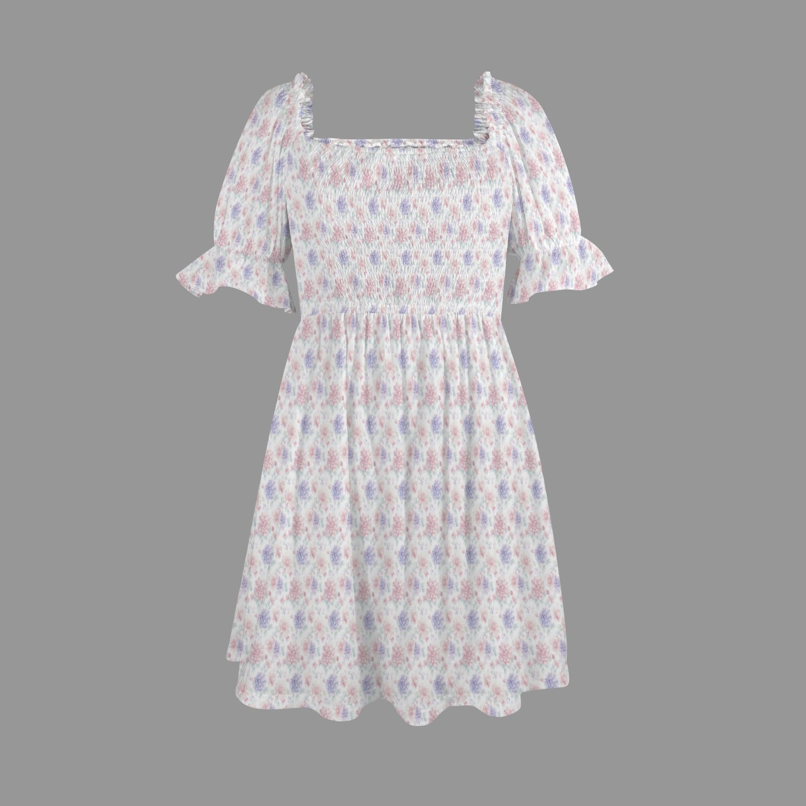 Lightweight cottagecore floral mini dress with soft pastel print