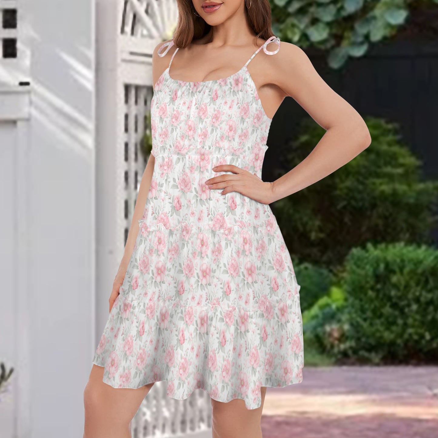 Lightweight floral dress with tiered silhouette side view