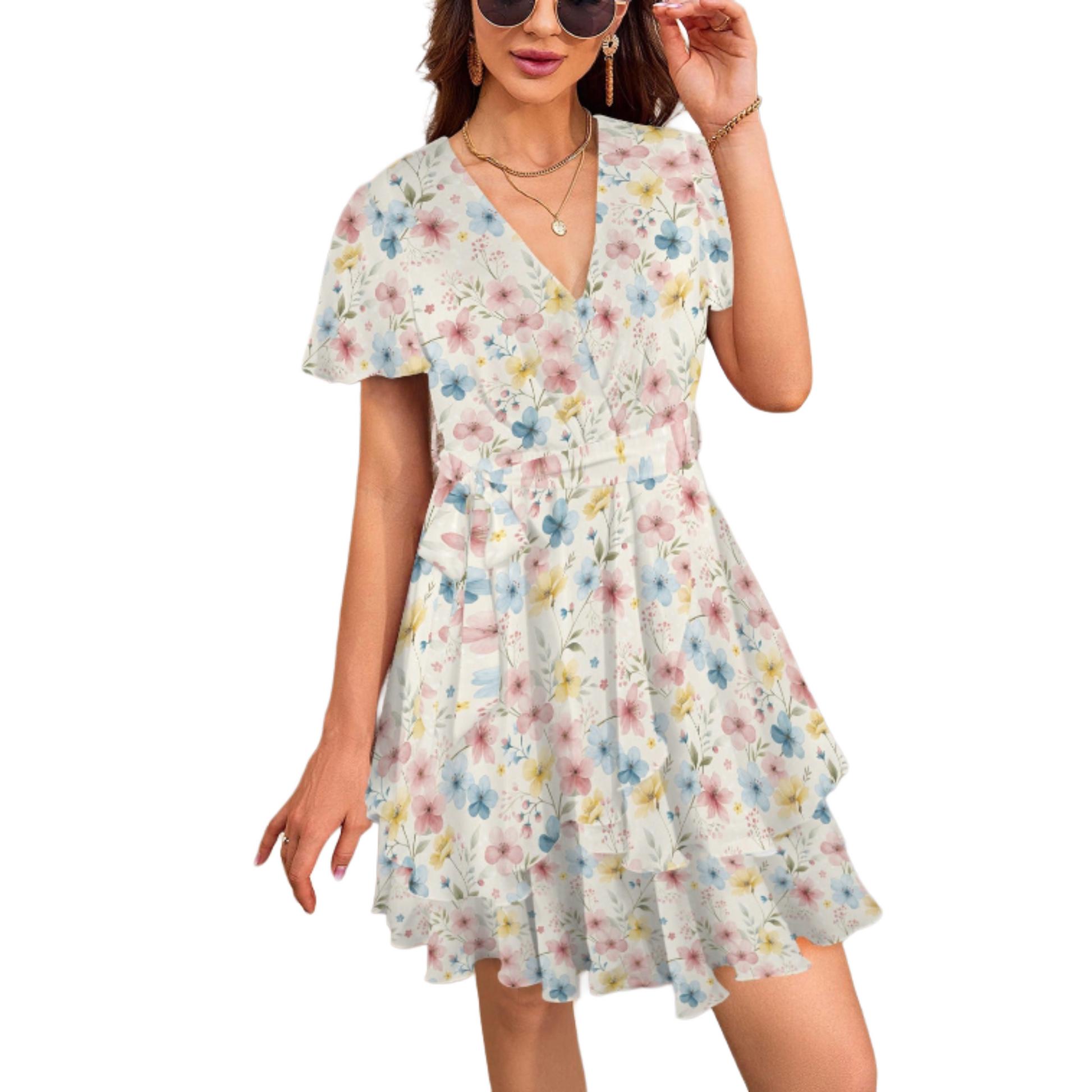 Lightweight floral mini dress with layered skirt and A-line silhouette front view