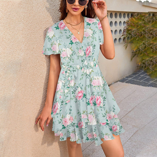 Mint rose floral tiered V-neck dress with flutter sleeves front view