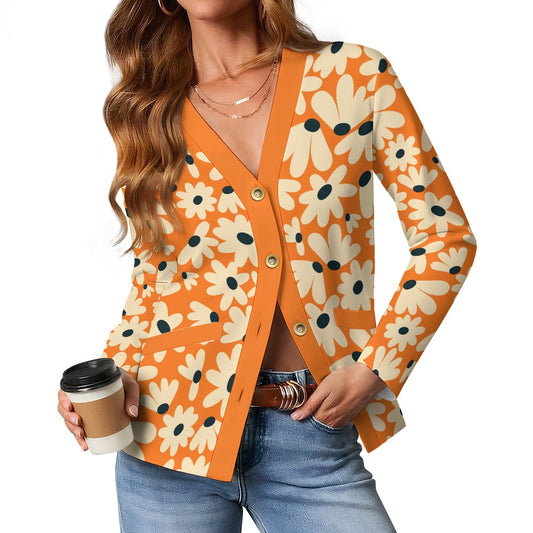 Orange retro daisy floral button cardigan front styling