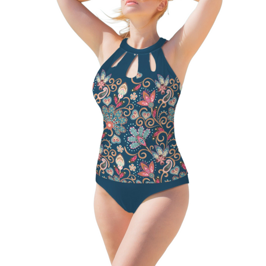 Paisley tankini set with sculpted silhouette and neckline cutouts front view