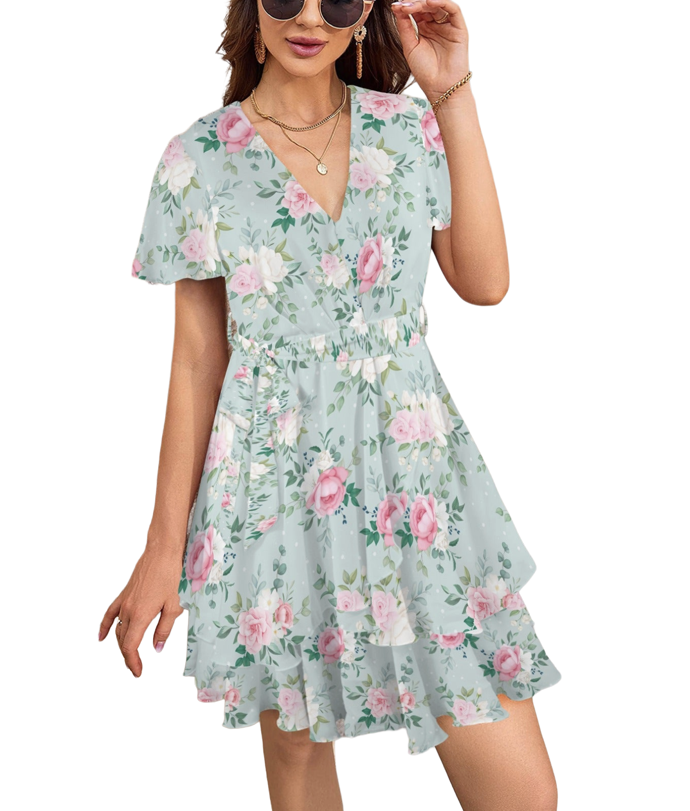 Pastel floral midi dress with elastic waist and layered skirt for spring against white background