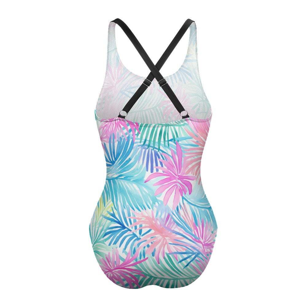 Pastel palm leaf swimsuit cross back strap detail