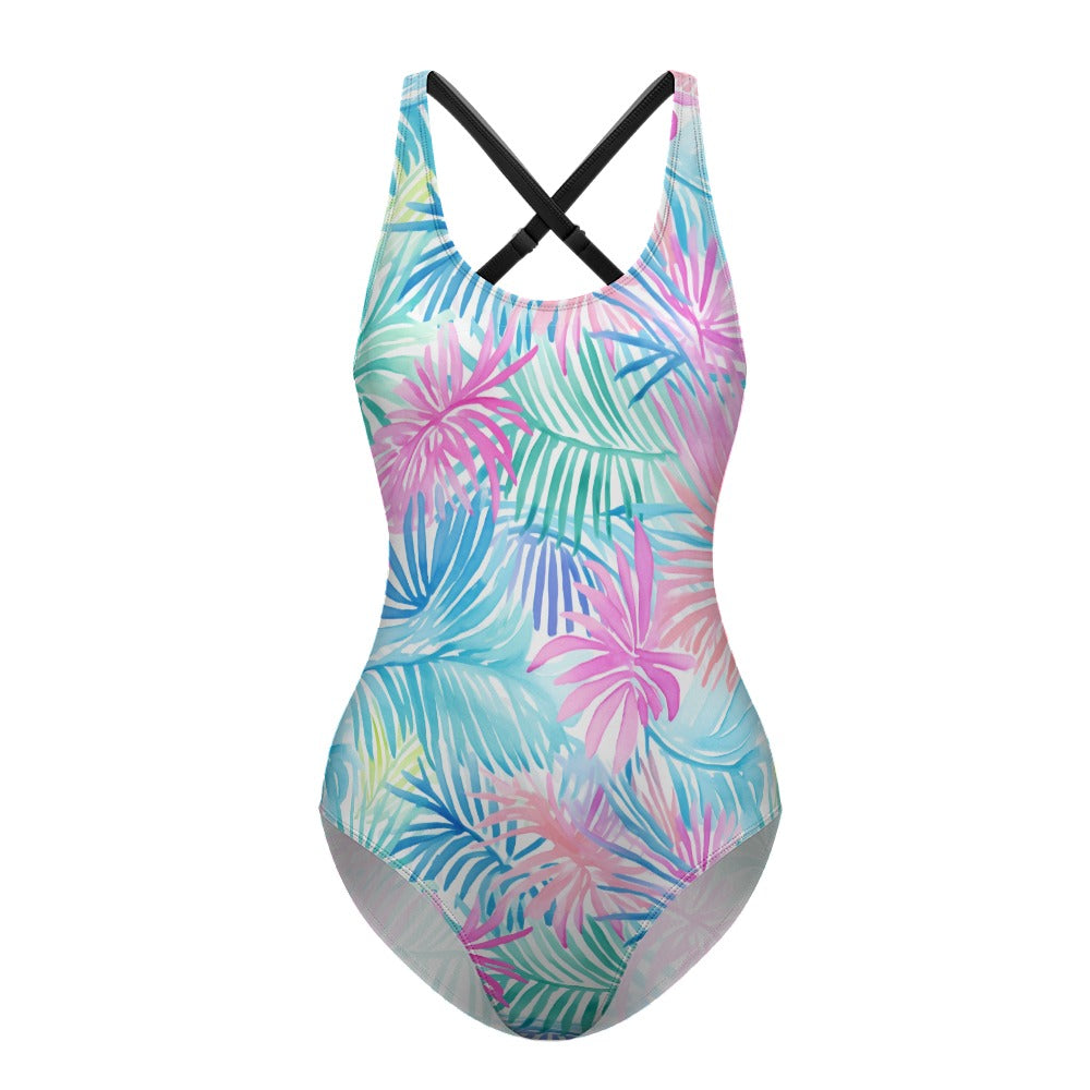 Pastel tropical swimsuit product flat lay front