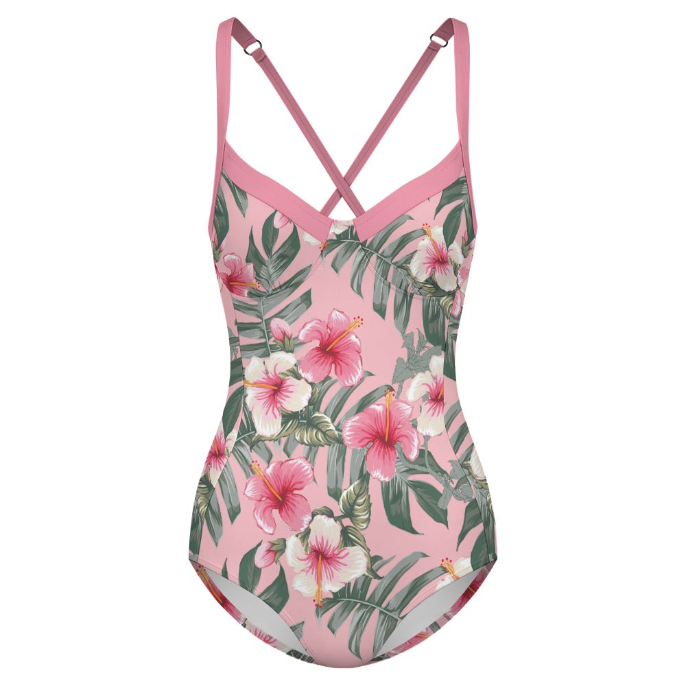 Pink botanical swimsuit front view sculpted silhouette