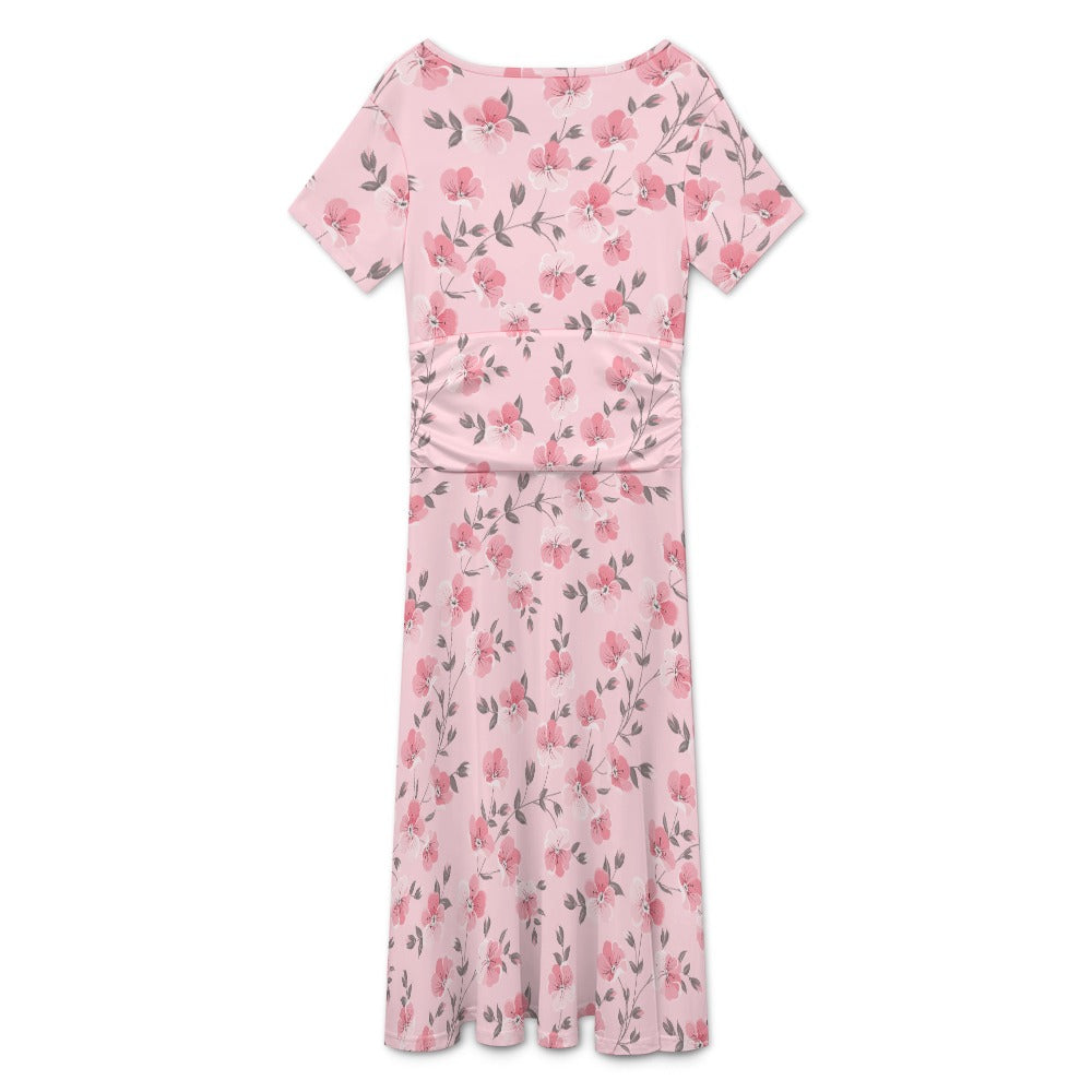 Pink floral V-neck midi dress flat lay back view