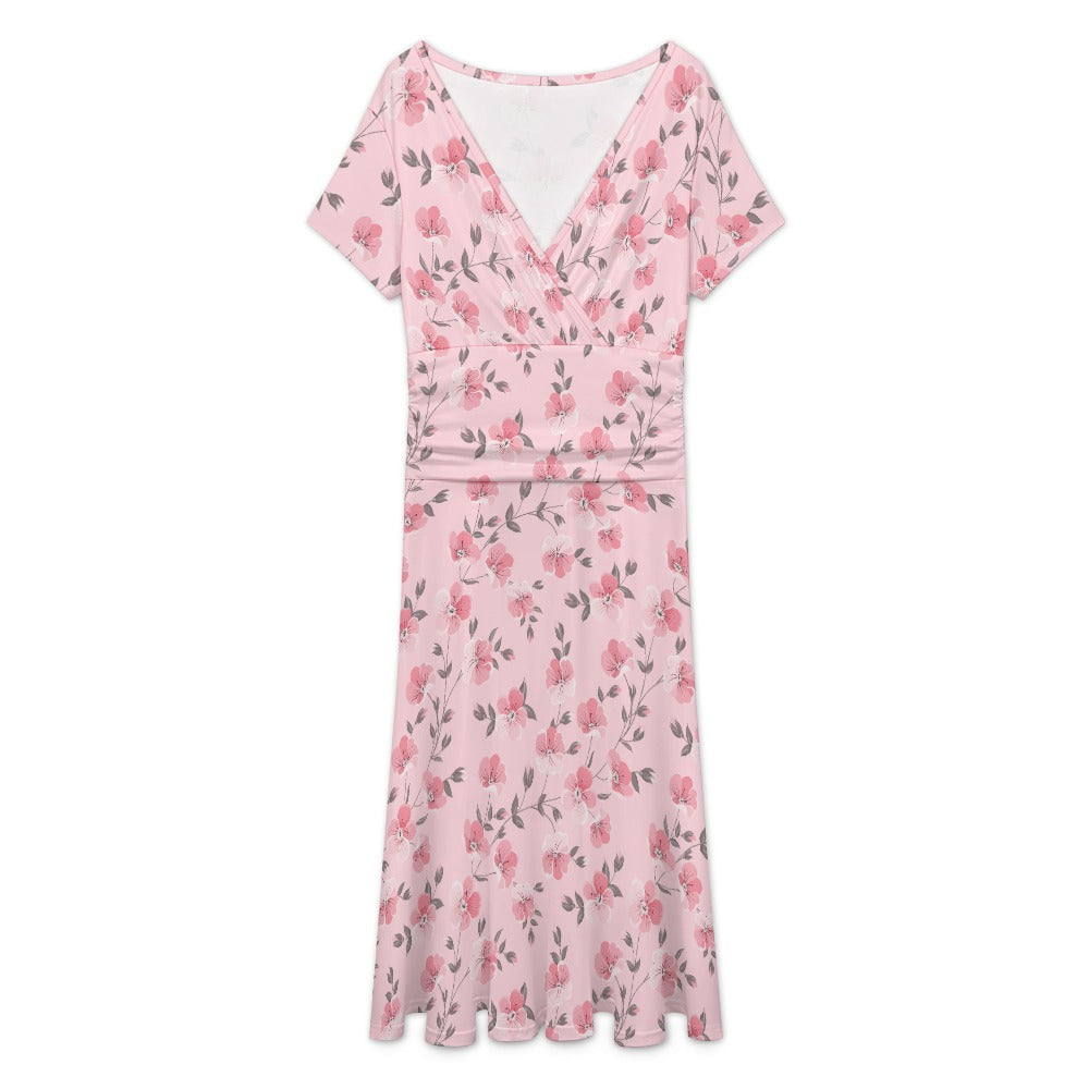 Pink floral ruched bodice midi dress flat lay front