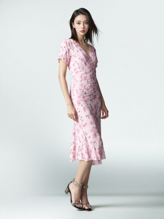 Pink floral ruched waist midi dress spring styling