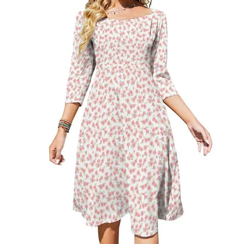 Pink floral sweetheart neckline midi dress front view A-line silhouette