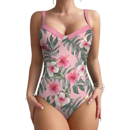 Pink floral swimsuit beach styling front view