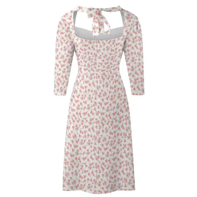 Pink floral tie-back midi dress back view elegant silhouette