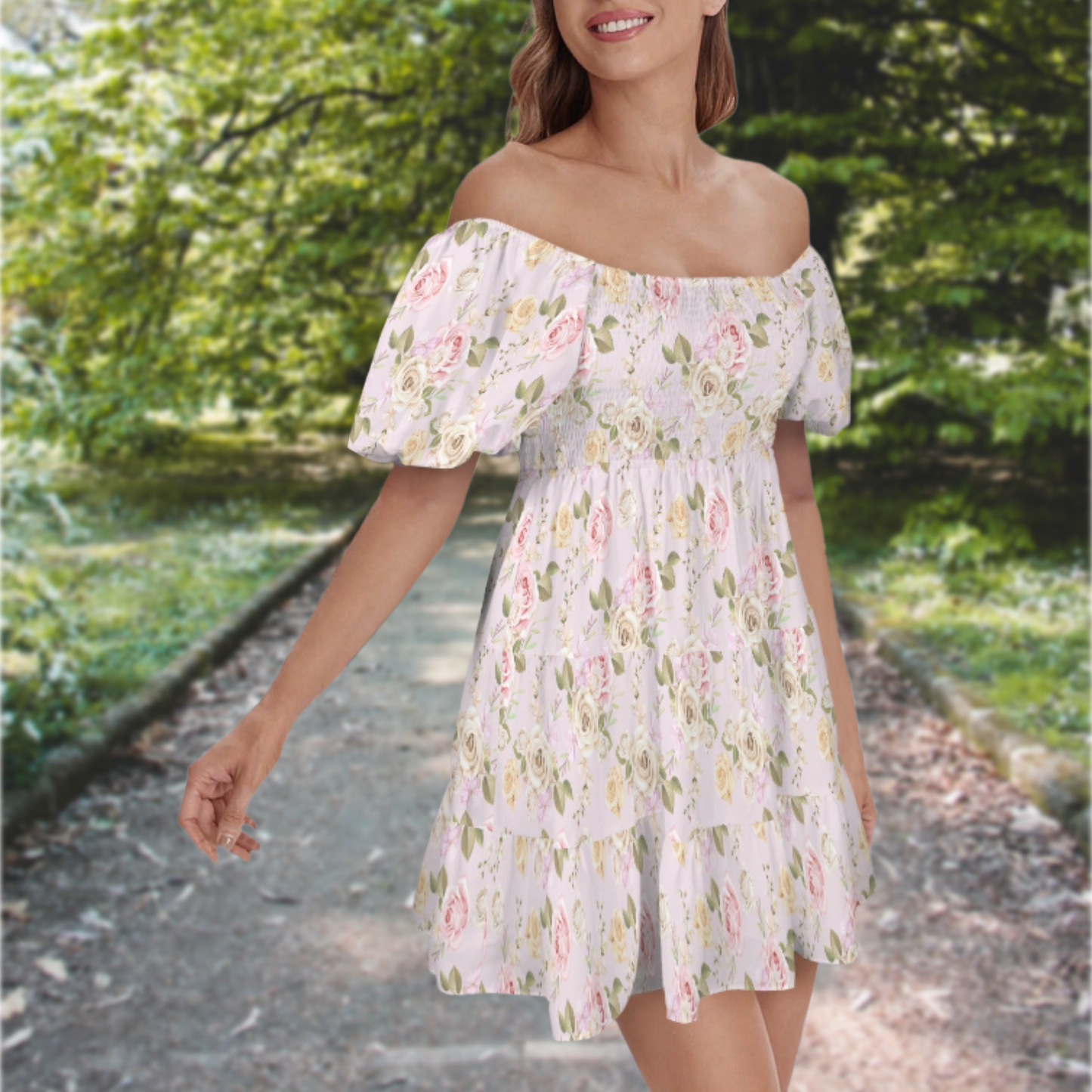 Pink rose floral smocked A-line mini dress front view with puff sleeves