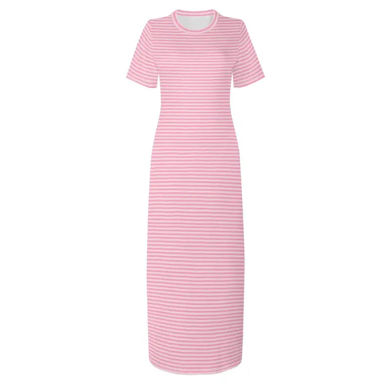 Pink striped crew neck t-shirt maxi dress front flat lay