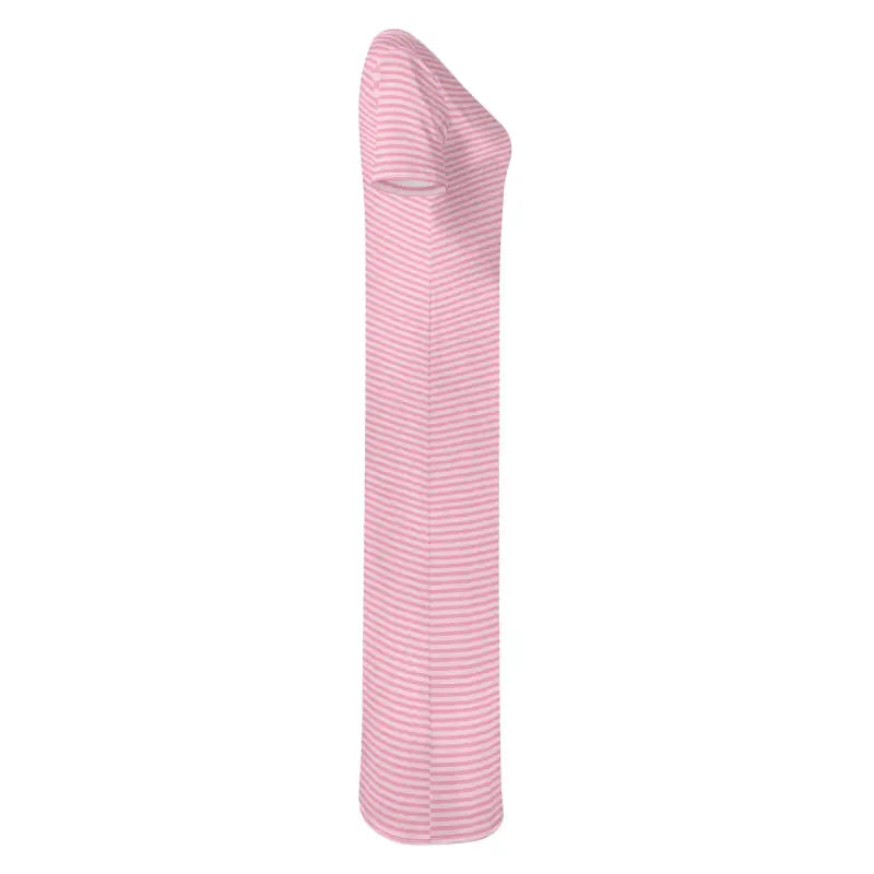Pink striped slim fit t-shirt long dress side profile view