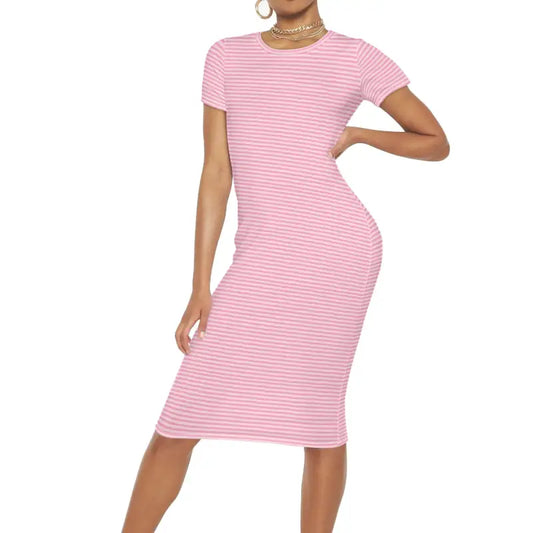 Pink striped t-shirt long dress front view slim fit maxi dress