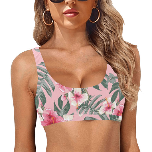Pink tropical scoop neck bikini top front view