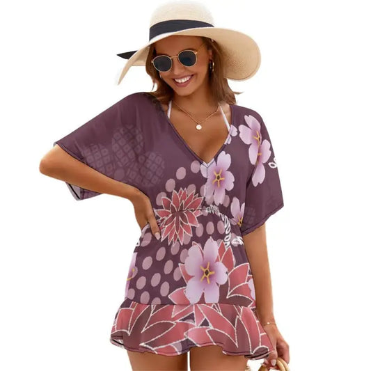 Plum floral V-neck swim cover-up dress front view with flounce hem