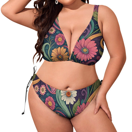 Plus size floral halter bikini set XL-4XL front view on model