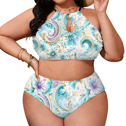 Plus size floral halter bikini set front view XL–4XL