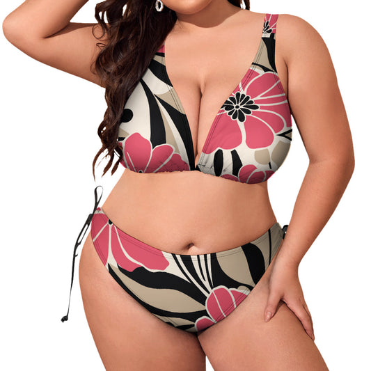 Plus size floral halter bikini set with adjustable triangle top and wide straps