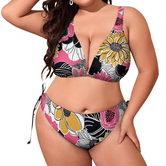 Plus size floral halter bikini set with high cut bottoms and adjustable ties, front view