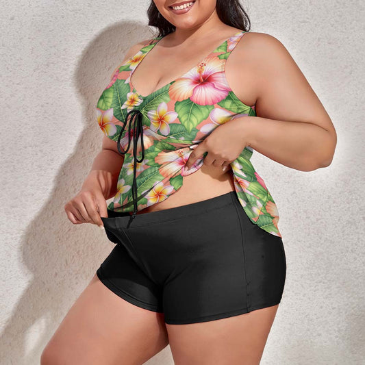 Plus size floral tankini set with tropical floral top and black boyshorts front view