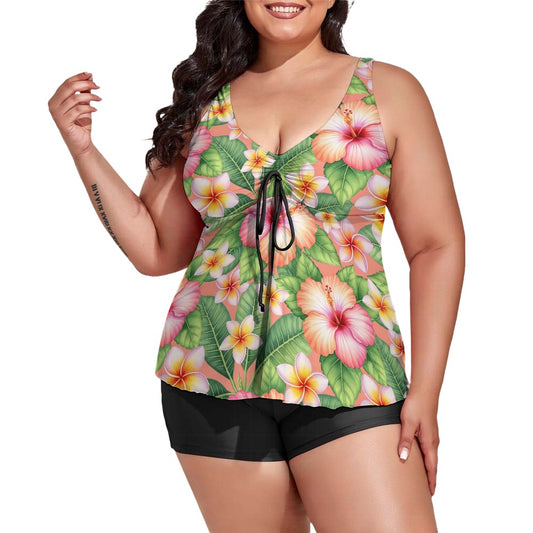 Plus size floral tankini swim top with V-neck and tropical print