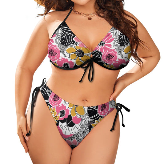 Plus size floral triangle bikini set with tie front and high cut tie side bottoms