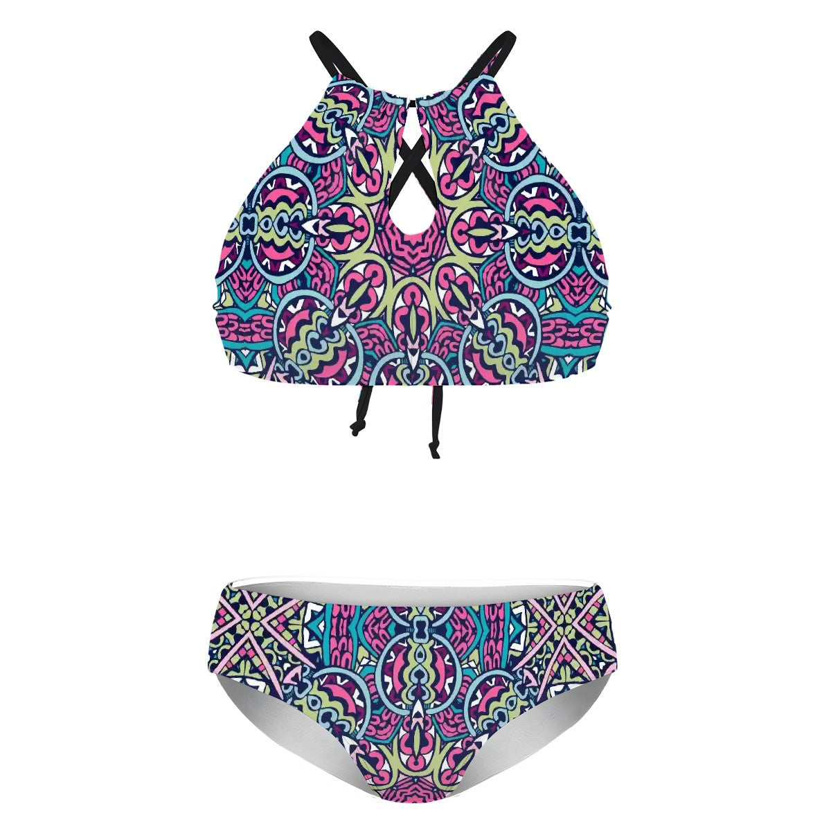 Plus size halter bikini top and high-waisted bikini bottoms front view